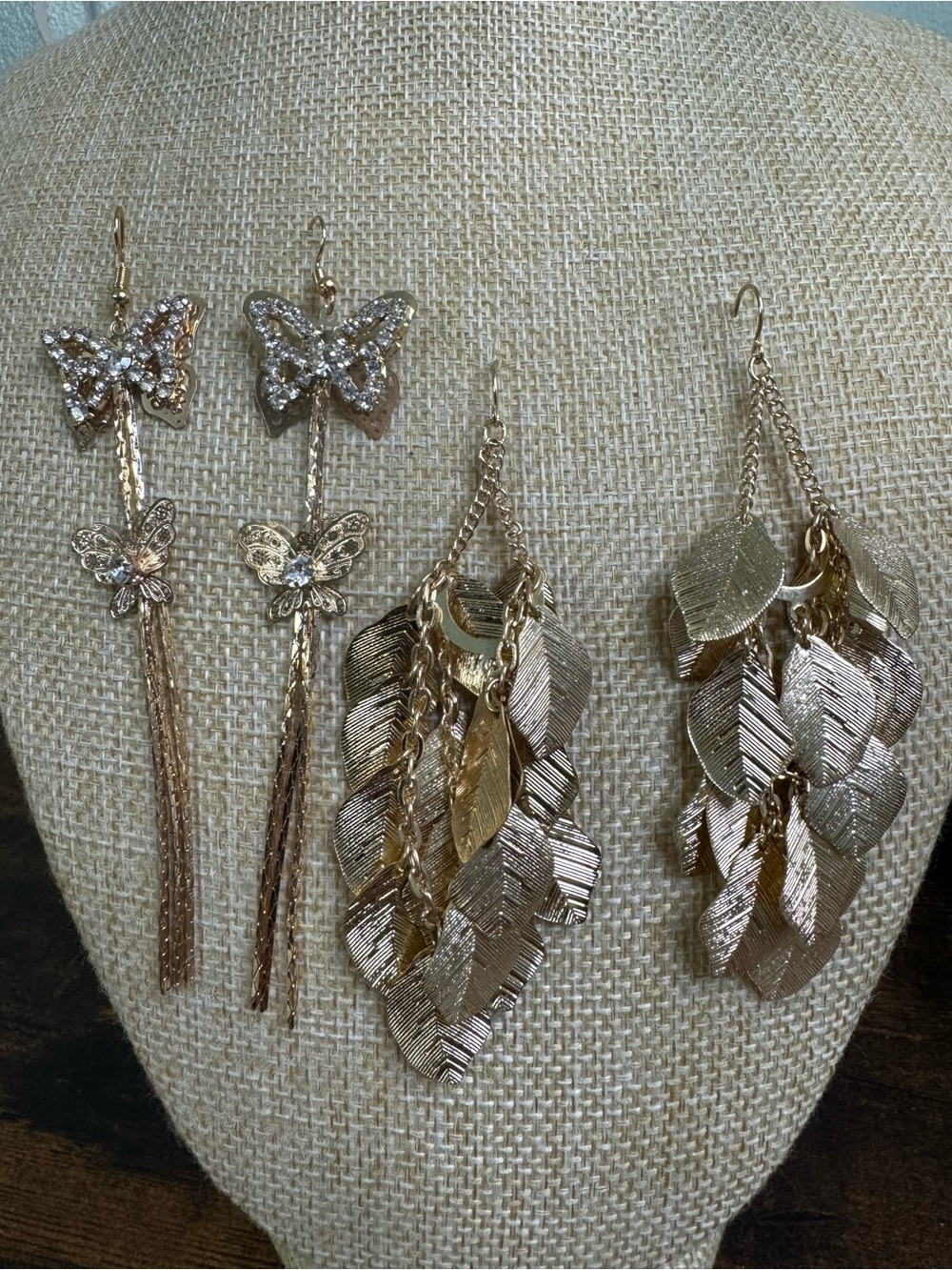 Gold Leaf and Butterfly Crystal Dangle Earrings - Women Jewelry